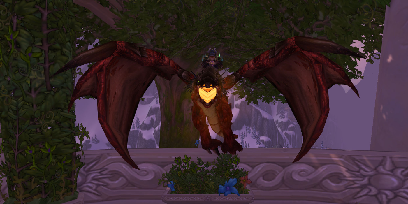 Treeps the Tauren Druid in Dalaran on his Red Protodrake